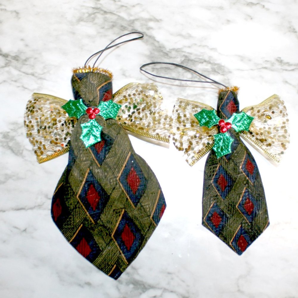 UPCYCLED Necktie Ornament Christmas Angel Hand Crafted Olive Neck Tie Set